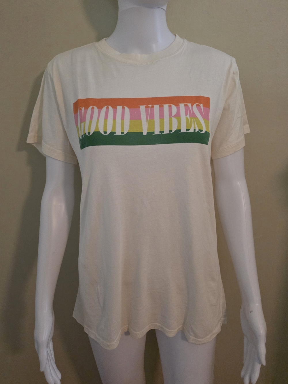 Mighty Fine Good Vibes Cream Graphic Tee - Women Size Med.